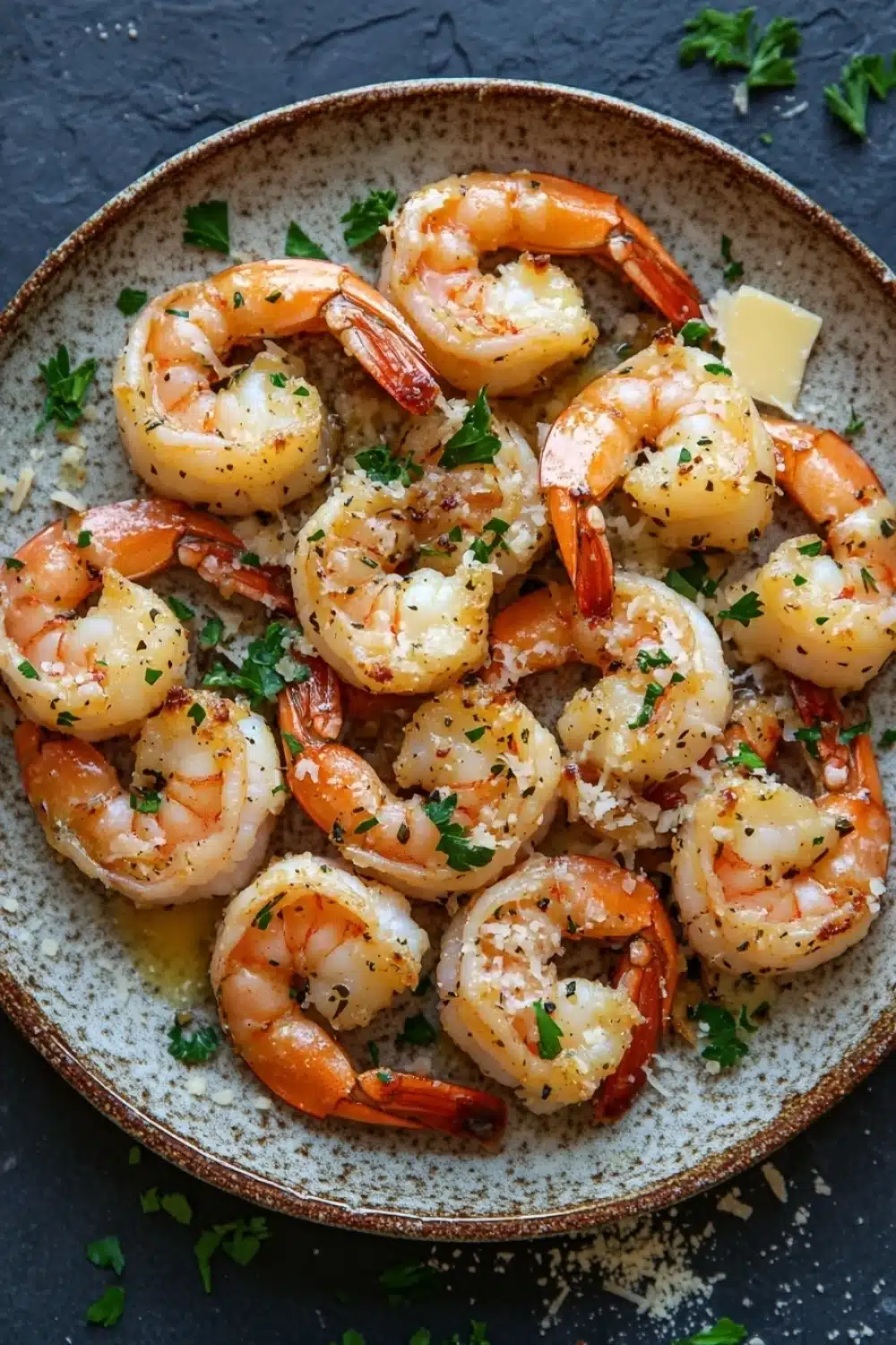 Garlic butter shrimp bake - the image shows a plate of cooked shrimp on a dark grey background. the shrimp are orange in color and appear to be seasoned with herbs and spices. they are arranged in a circular pattern on the plate, with some overlapping each other. there are also some crumbled parmesan cheese scattered around the plate. the plate is garnished with a sprig of parsley. the overall presentation of the dish is appetizing and visually appealing.