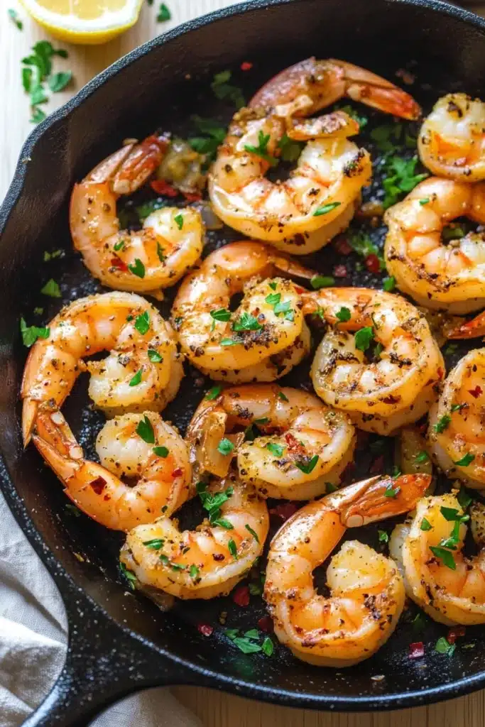 Garlic shrimp in cast iron skillet - the image shows a black cast iron skillet filled with cooked shrimp. the shrimp are orange in color and appear to be seasoned with herbs and spices. the skillet is sitting on a wooden table with a white cloth napkin and a lemon wedge on the side. the background is blurred, but it appears to be a kitchen countertop.