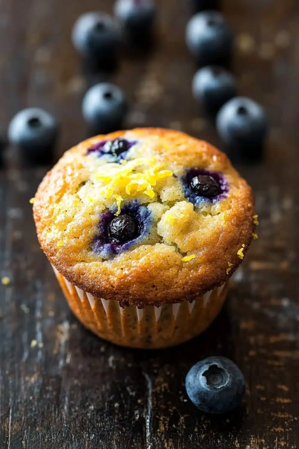 Gluten free lemon blueberry muffin - the image is of a freshly baked blueberry muffin on a wooden surface. the muffin is golden brown and has a crumbly texture. it is topped with fresh blueberries and a sprinkle of yellow zest. there are a few whole blueberries scattered around the muffin, adding a pop of color to the image. the background is blurred, but it appears to be a rustic wooden table.