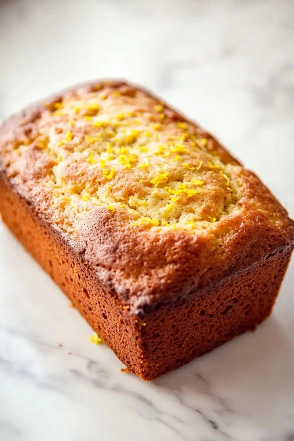 Greek yogurt lemon loaf cake - the image is a close-up of a freshly baked loaf of bread on a white marble countertop. the bread appears to be golden brown in color and has a slightly crumbly texture. on top of the bread, there is a layer of yellow zest, which adds a pop of color to the loaf. the zest is scattered across the top, creating a textured pattern. the loaf is slightly tilted to the side, and the edges are slightly curled. the background is blurred, making the bread the focal point of the image.