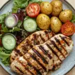 Grilled chicken breast dinner - the image is a close-up of a plate of food. the plate is round and has a light blue rim. on the plate, there are two pieces of grilled chicken breasts that have been grilled to a golden brown color. the chicken is seasoned with herbs and spices, giving it a savory flavor. next to the chicken, there is a bed of green leafy vegetables, including sliced cucumbers, red onions, and cherry tomatoes. there are also a few small yellow potatoes scattered around the plate. the overall presentation of the dish is colorful and appetizing.