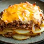 Ground beef and sliced potato casserole - the image shows a close-up of a slice of lasagna on a plate. the lasagna is layered with layers of ground beef, cheese, and onions. the cheese is melted and bubbly on top, and the onions are cut into thin slices. the plate is a dark grey color with a speckled pattern. the background is blurred, but it appears to be a kitchen countertop.