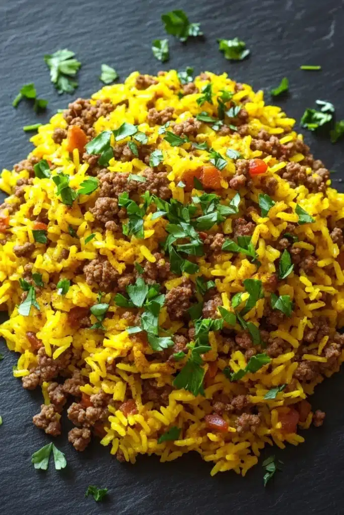 Ground beef and yellow rice for dinner - the image shows a plate of yellow rice with ground meat and vegetables on a black slate plate. the rice appears to be cooked and has a fluffy texture. the ground meat is a mix of brown and red colors, and it is scattered throughout the dish. the dish is garnished with a sprig of fresh parsley. there are also a few scattered parsley leaves on the plate, adding a pop of green color to the dish and giving it a fresh and appetizing appearance.