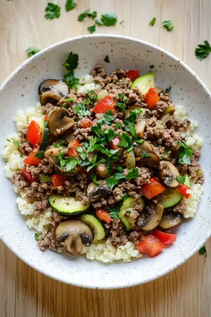 Ground beef dinner low calorie - the image is a close-up of a bowl of food. the bowl is white with a speckled pattern and is placed on a wooden table. the food in the bowl appears to be a dish made with ground beef, sliced mushrooms, zucchini, and red bell peppers. the beef is cooked to a medium-rare and is mixed with the vegetables, creating a colorful and appetizing appearance. there are also a few sprigs of parsley scattered around the bowl, adding a pop of green color to the dish.