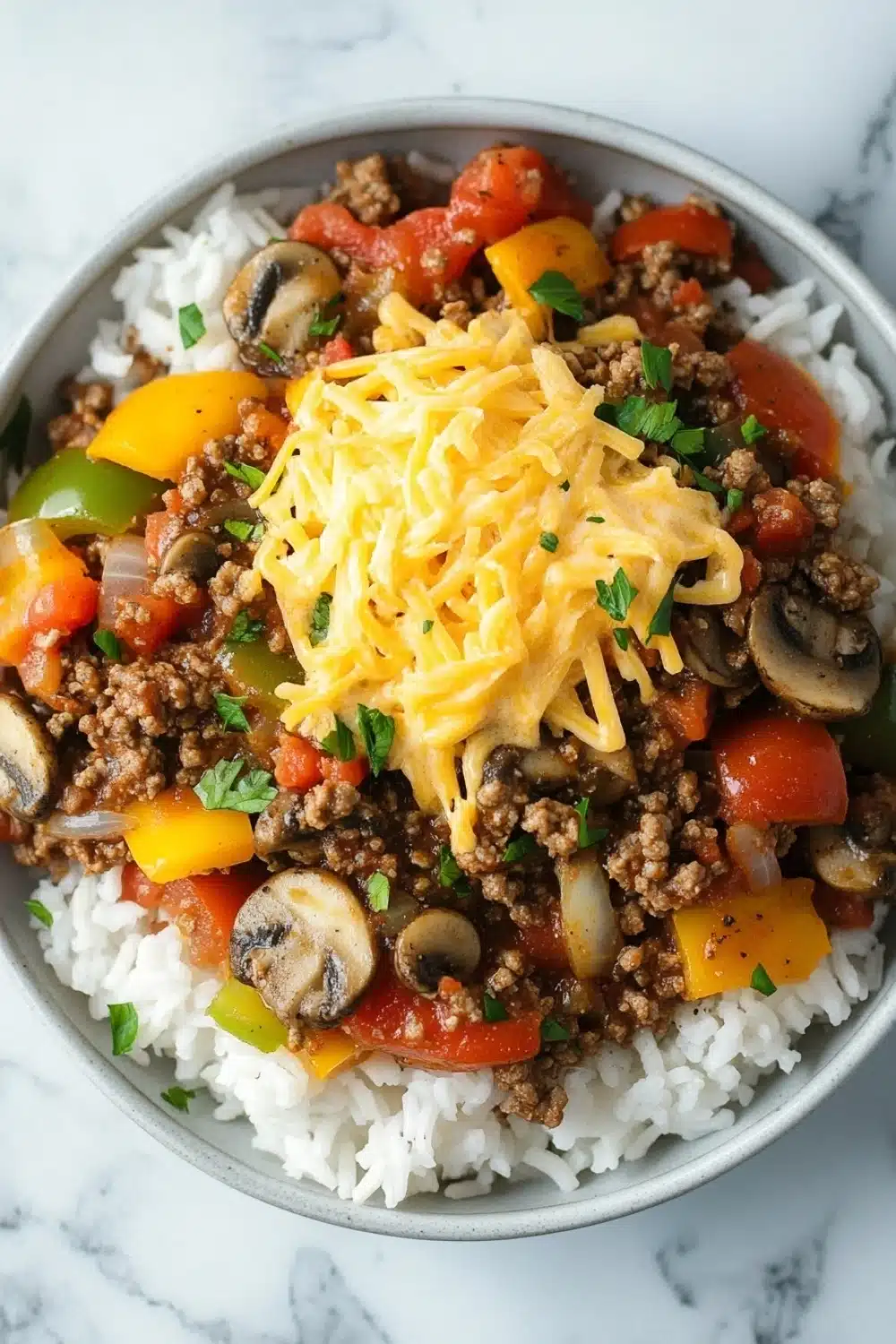 Ground beef dinner make ahead - the image is a close-up of a bowl of food. the bowl is made of stainless steel and is sitting on a white marble countertop. the food in the bowl appears to be a dish made with ground beef, diced tomatoes, mushrooms, and other vegetables. there is a layer of shredded cheese on top of the dish. the colors of the ingredients are vibrant and the dish looks appetizing.
