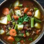 Ground beef for dinner soup - the image is a close-up of a bowl of soup on a wooden table. the soup appears to be a vegetable soup with chunks of meat and vegetables mixed in. the bowl is made of ceramic and has a dark brown color. the vegetables include carrots, celery, and potatoes. there is a sprig of parsley on top of the soup, adding a pop of green color to the dish. the background is dark and out of focus, making the soup the focal point of the image.