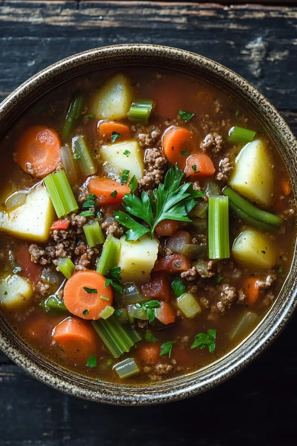 Ground beef for dinner soup - the image is a close-up of a bowl of soup on a wooden table. the soup appears to be a vegetable soup with chunks of meat and vegetables mixed in. the bowl is made of ceramic and has a dark brown color. the vegetables include carrots, celery, and potatoes. there is a sprig of parsley on top of the soup, adding a pop of green color to the dish. the background is dark and out of focus, making the soup the focal point of the image.