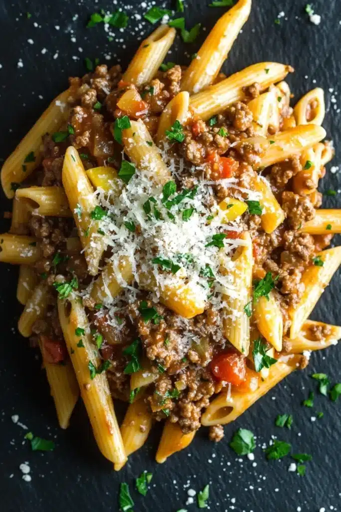 Ground beef pasta dish - the image shows a plate of penne pasta with ground beef and tomato sauce. the pasta is cooked al dente and is arranged in a circular pattern on a black slate plate. the dish is garnished with chopped parsley and grated parmesan cheese. the ground beef is a rich, dark brown color and appears to be cooked until it is thick and tender. the tomato sauce is a bright red color and is scattered throughout the dish. the overall appearance of the dish is hearty and appetizing.