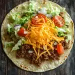 Ground beef skillet taco - the image is a close-up of a taco on a wooden table. the taco is made with a tortilla shell and is filled with ground beef, diced tomatoes, onions, and lettuce. on top of the beef, there is a generous amount of shredded cheese. the cheese is yellow and appears to be melted and bubbly. the lettuce is a mix of green and red colors, and the tomatoes are bright red. the overall appearance of the taco is fresh and appetizing.