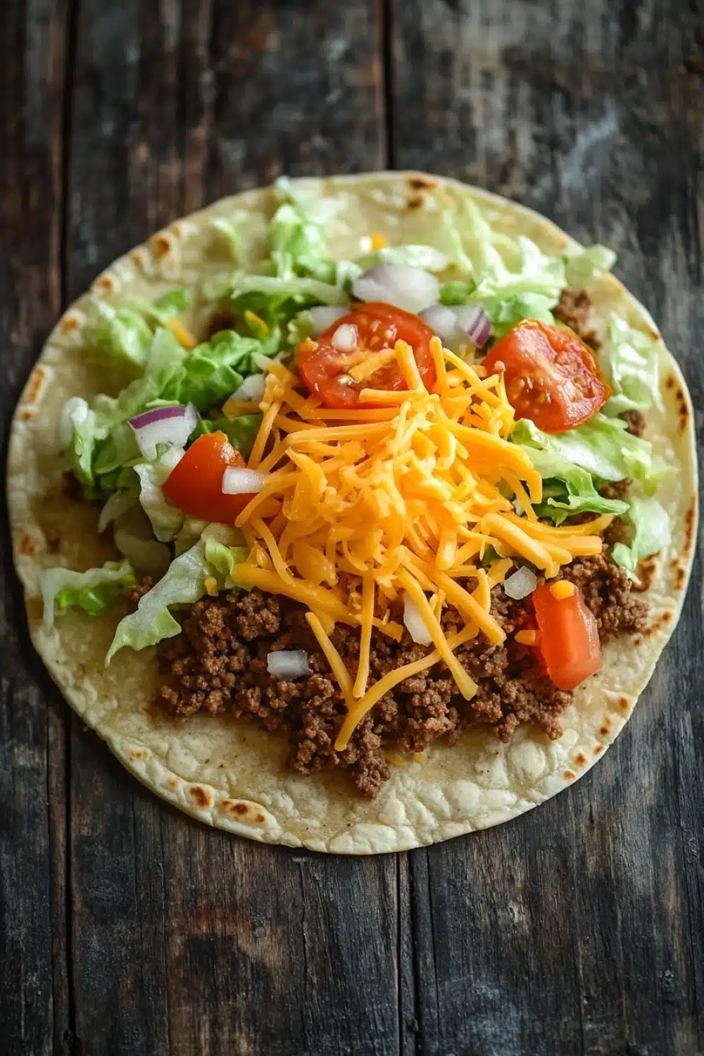 Ground beef skillet taco - the image is a close-up of a taco on a wooden table. the taco is made with a tortilla shell and is filled with ground beef, diced tomatoes, onions, and lettuce. on top of the beef, there is a generous amount of shredded cheese. the cheese is yellow and appears to be melted and bubbly. the lettuce is a mix of green and red colors, and the tomatoes are bright red. the overall appearance of the taco is fresh and appetizing.