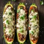 Ground beef zucchini boats - the image shows three stuffed zucchini boats on a dark wooden surface. the boats are filled with a mixture of ground meat, tomato sauce, and cheese. the meat appears to be ground beef, and the cheese is melted and bubbly on top. there are also a few sprigs of parsley scattered around the boats. the overall presentation of the dish is appetizing and visually appealing.