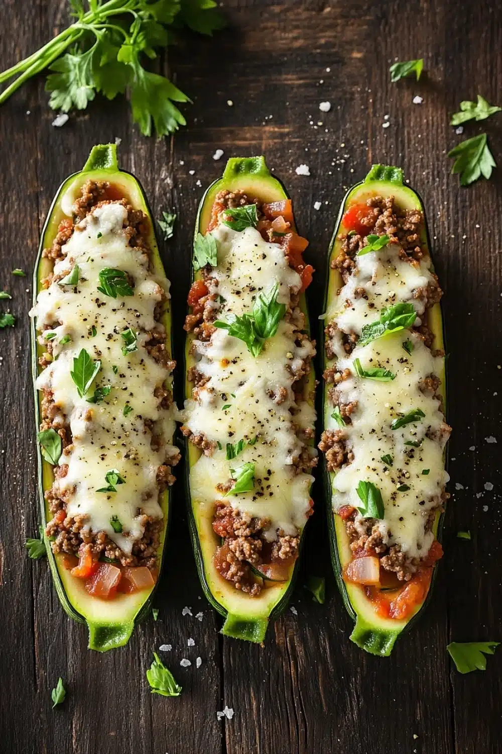 Ground beef zucchini boats - the image shows three stuffed zucchini boats on a dark wooden surface. the boats are filled with a mixture of ground meat, tomato sauce, and cheese. the meat appears to be ground beef, and the cheese is melted and bubbly on top. there are also a few sprigs of parsley scattered around the boats. the overall presentation of the dish is appetizing and visually appealing.