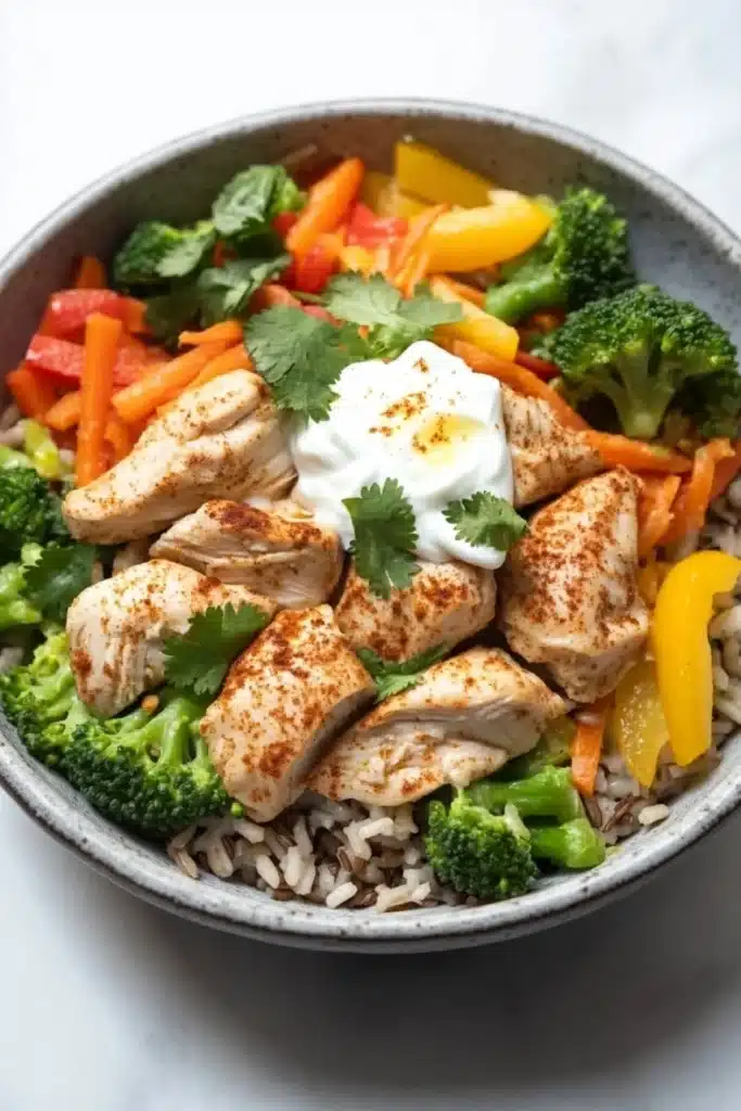 High protein chicken and rice bowl - the image is a close-up of a bowl of food. the bowl is made of gray ceramic and is filled with a colorful mix of rice, vegetables, and chicken. the vegetables include broccoli, carrots, bell peppers, and red bell peppers. the chicken is cooked to a golden brown color and is garnished with a sprig of cilantro. there is also a dollop of sour cream on top of the vegetables. the dish appears to be freshly prepared and ready to eat.