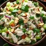 High protein chicken salad with greek yogurt - the image is a close-up of a bowl of salad. the salad is made up of various ingredients such as shredded chicken, sliced almonds, celery, red onions, and cilantro. the bowl is brown and is placed on a dark wooden table. in the background, there is a small bowl of almonds and a sprig of parsley. the overall color scheme of the image is warm and inviting.