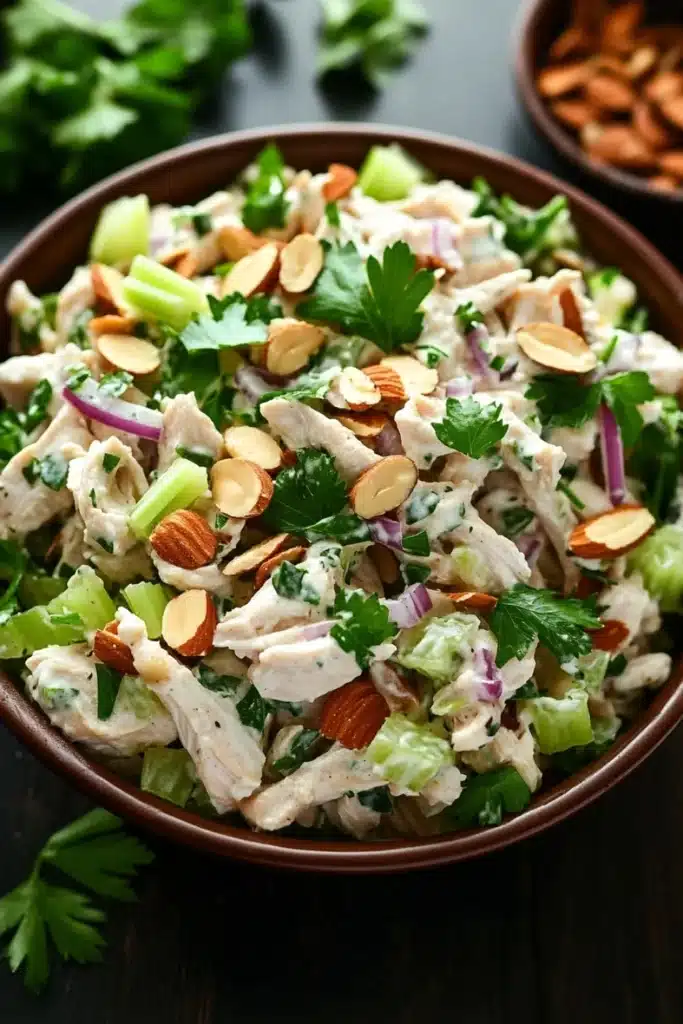 High protein chicken salad with greek yogurt - the image is a close-up of a bowl of salad. the salad is made up of various ingredients such as shredded chicken, sliced almonds, celery, red onions, and cilantro. the bowl is brown and is placed on a dark wooden table. in the background, there is a small bowl of almonds and a sprig of parsley. the overall color scheme of the image is warm and inviting.