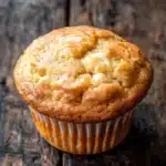 Kodiak muffin mix with yogurt - the image is a close-up of a freshly baked muffin on a wooden surface. the muffin is golden brown in color and has a crumbly texture on top. it appears to be freshly baked and is sitting on a white paper liner. the background is blurred, but it seems to be a rustic wooden table. the overall mood of the image is warm and inviting.