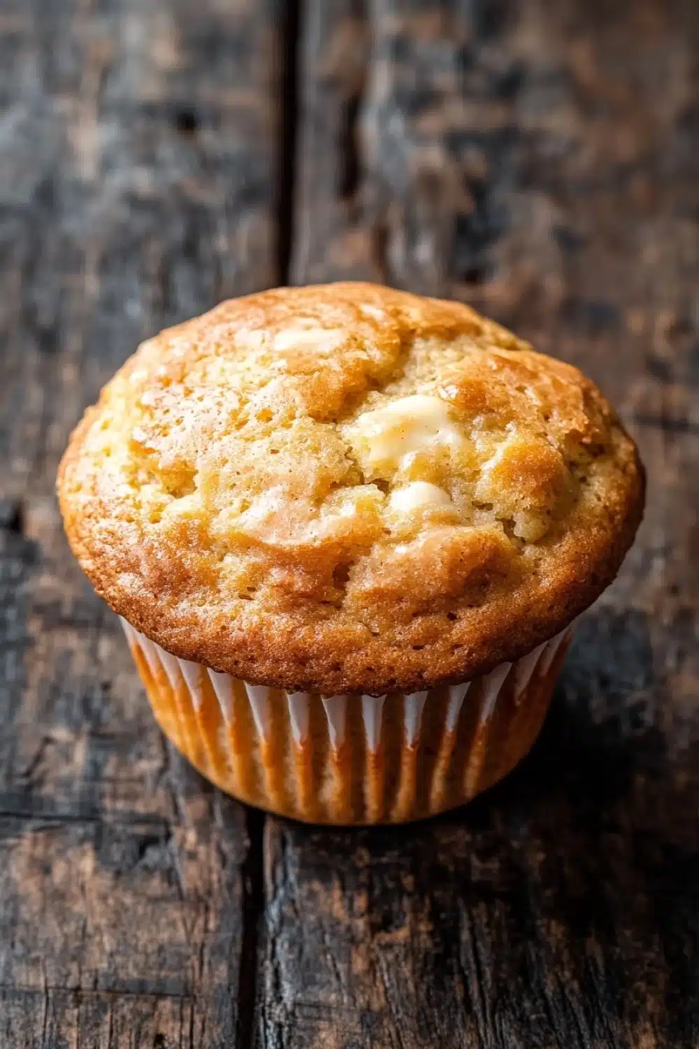 Kodiak muffin mix with yogurt - the image is a close-up of a freshly baked muffin on a wooden surface. the muffin is golden brown in color and has a crumbly texture on top. it appears to be freshly baked and is sitting on a white paper liner. the background is blurred, but it seems to be a rustic wooden table. the overall mood of the image is warm and inviting.