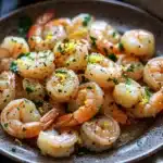 Lemon butter shrimp skillet - the image shows a plate of cooked shrimp on a wooden table. the shrimp are orange in color and appear to be seasoned with herbs and spices. they are arranged in a circular pattern on the plate, with some overlapping each other. there are also some sprigs of parsley scattered around the plate. in the background, there is a lemon and a white cloth napkin. the overall color scheme of the image is warm and inviting.