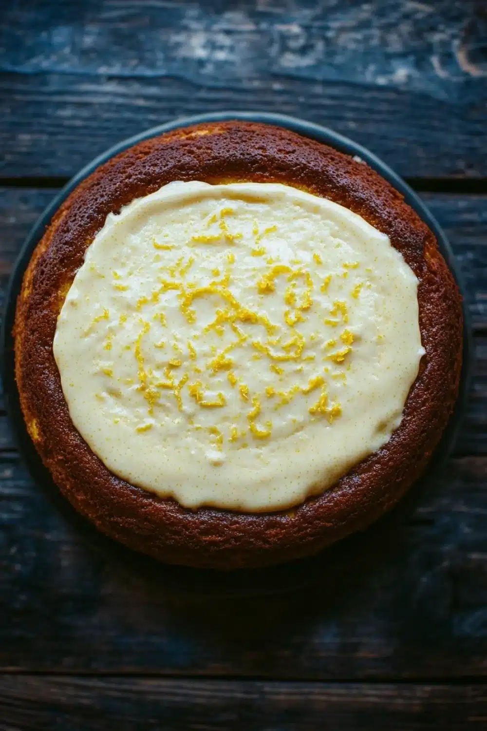 Lemon cake lemon pudding - the image is a close-up of a round cake on a black plate. the cake appears to be freshly baked and has a golden brown crust on top. the top of the cake is covered in a creamy white frosting, which is drizzled with a yellow lemon zest. the frosting is spread evenly over the cake, creating a smooth and even texture. the plate is placed on a dark wooden surface, and the background is blurred, making the cake the focal point of the image.