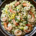 Lemon garlic shrimp orzo skillet - the image is a close-up of a bowl of pasta dish. the pasta appears to be fusilli, which is a type of italian pasta, and is mixed with shrimp. the shrimp are cooked medium-sized and have a pinkish-orange color. they are arranged in a circular pattern on top of the pasta, with some of them overlapping each other. the dish is garnished with chopped parsley and a sprinkle of lemon zest. the bowl is made of dark brown ceramic and is sitting on a wooden table. there are a few sprigs of parsley scattered around the bowl.
