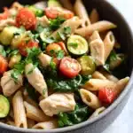 Low calorie chicken pasta - the image is a close-up of a bowl of pasta salad. the bowl is made of dark grey ceramic and is sitting on a white countertop. the pasta is long and thin, and it is mixed with various vegetables such as cherry tomatoes, zucchini, and spinach. the vegetables are bright red and appear to be cooked until they are soft and fluffy. there are also chunks of chicken mixed in with the vegetables. the dish is garnished with fresh cilantro, adding a pop of green color to the dish.