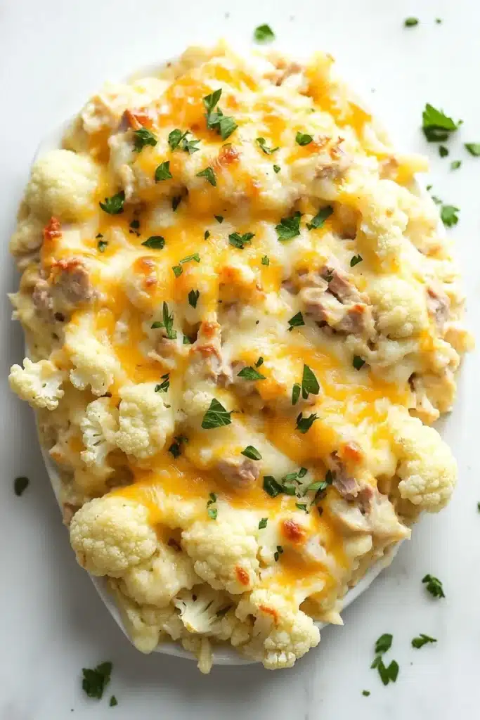 Low carb cheesy tuna casserole - the image is a close-up of a dish of mashed cauliflower. the cauliflower is white and fluffy, and it is topped with melted cheese and chopped parsley. the cheese is a bright yellow color and appears to be melted and bubbly. the dish is served on a white marble countertop. there are a few sprigs of parsley scattered around the dish, adding a pop of green color to the image.