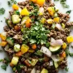 Low carb ground beef for dinner - the image is a close-up of a dish made with ground beef and vegetables. the dish is served on a white marble surface and is garnished with fresh cilantro. the ground beef is a dark brown color and appears to be seasoned with herbs and spices. there are sliced zucchini, yellow bell peppers, and red onions scattered throughout the dish. the vegetables are cut into small cubes and are mixed together with the ground beef. the overall appearance of the dish is colorful and appetizing.