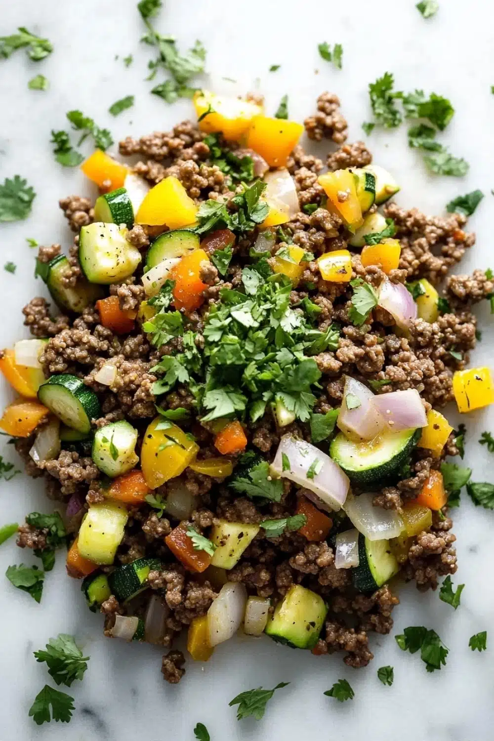 Low carb ground beef for dinner - the image is a close-up of a dish made with ground beef and vegetables. the dish is served on a white marble surface and is garnished with fresh cilantro. the ground beef is a dark brown color and appears to be seasoned with herbs and spices. there are sliced zucchini, yellow bell peppers, and red onions scattered throughout the dish. the vegetables are cut into small cubes and are mixed together with the ground beef. the overall appearance of the dish is colorful and appetizing.