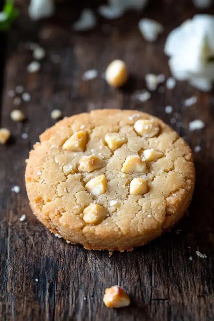 Macadamia nut shortbread cookie - the image is a close-up of a round cookie on a wooden surface. the cookie appears to be freshly baked and has a golden-brown color. it is covered in small white nuts, which are scattered around the edges of the cookie. the nuts are arranged in a criss-cross pattern, with some overlapping each other. the background is blurred, but it seems to be a rustic wooden table with more nuts scattered around. the overall mood of the image is warm and inviting.