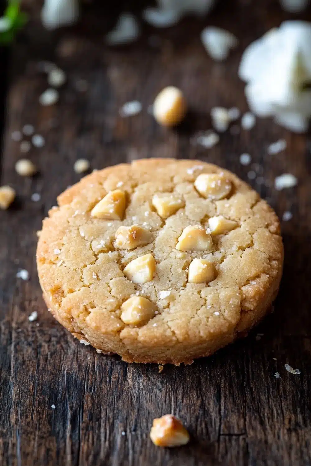 Macadamia nut shortbread cookie - the image is a close-up of a round cookie on a wooden surface. the cookie appears to be freshly baked and has a golden-brown color. it is covered in small white nuts, which are scattered around the edges of the cookie. the nuts are arranged in a criss-cross pattern, with some overlapping each other. the background is blurred, but it seems to be a rustic wooden table with more nuts scattered around. the overall mood of the image is warm and inviting.