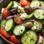 Mediterranean salad cucumber - the image is a close-up of a colorful salad in a wooden bowl. the salad is made up of sliced cucumbers, red onions, cherry tomatoes, olives, and feta cheese. the cucumbers are cut into thin slices and are arranged in a circular pattern. the tomatoes are bright red and appear to be ripe and juicy. the olives are dark brown and are scattered throughout the salad. the feta is crumbled and adds a creamy texture to the dish. there are also some herbs and spices mixed in with the vegetables. the bowl is sitting on a dark blue tablecloth.
