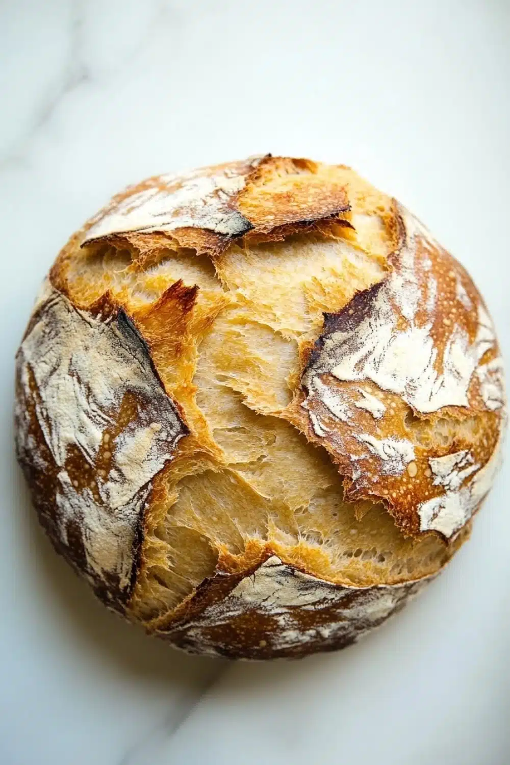 No knead bread new york times - the image is a close-up of a round loaf of bread on a white marble surface. the bread appears to be freshly baked, with a golden-brown crust and a soft, fluffy interior. the edges of the bread are slightly frayed, indicating that it has been baked in the oven. there is a small amount of powdered sugar on top of the crust, giving it a textured appearance. the background is blurred, making the bread the focal point of the image.