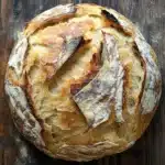 No knead dutch oven bread - the image is a close-up of a freshly baked loaf of bread on a wooden surface. the bread appears to be freshly baked, with a golden-brown crust and a soft, fluffy interior. the edges of the bread are slightly frayed, indicating that it has been freshly baked. the wood has a weathered and aged appearance, with visible grain and knots. the background is blurred, making the bread the focal point of the image.