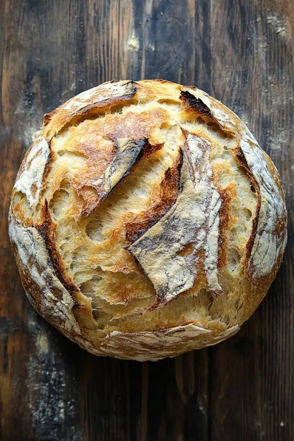 No knead dutch oven bread - the image is a close-up of a freshly baked loaf of bread on a wooden surface. the bread appears to be freshly baked, with a golden-brown crust and a soft, fluffy interior. the edges of the bread are slightly frayed, indicating that it has been freshly baked. the wood has a weathered and aged appearance, with visible grain and knots. the background is blurred, making the bread the focal point of the image.