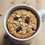 Oatmeal cookie in a mug - the image is a close-up of a muffin in a white ceramic mug. the muffin appears to be freshly baked and has a golden brown color. it is topped with oats and raisins, giving it a crunchy texture. the mug is sitting on a wooden surface with scattered coffee beans around it. the background is blurred, making the muffin the focal point of the image.