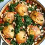 One pot braised chicken with kale and white beans - the image shows a large white ceramic pot filled with a dish of chicken and white beans. the dish appears to be a stew or stew with chunks of chicken, white beans, and kale. the chicken is golden brown and looks crispy on the outside. the white beans are white and appear to be cooked until they are soft and fluffy. the kale is bright green and looks fresh and vibrant. the pot is sitting on a white marble countertop with a few sprigs of parsley scattered around it.