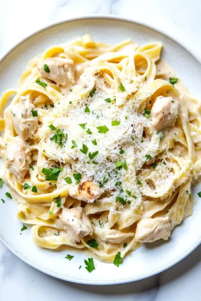 One pot chicken fettuccine - the image is a close-up of a plate of pasta dish. the pasta appears to be fettuccine alfredo, with chunks of chicken and parmesan cheese on top. the dish is garnished with chopped parsley. the plate is white and round, and the pasta is cooked al dente. the background is a white marble countertop.