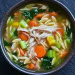 One pot chicken orzo soup - the image is a close-up of a bowl of soup. the soup appears to be a type of noodle soup with chunks of chicken, carrots, celery, and other vegetables mixed in. the bowl is made of dark brown ceramic and is sitting on a dark grey surface. the broth is a light yellow color and looks thick and creamy. there are also some green leaves scattered throughout the soup, adding a pop of color to the dish.