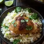 One pot cilantro lime chicken and rice - the image shows two black bowls filled with a dish of chicken and rice. the chicken is cooked to a golden brown color and appears to be seasoned with herbs and spices. the rice is white and fluffy, and it is garnished with fresh cilantro. there are several lime wedges scattered around the bowls, and a wooden spoon is resting on the side. in the background, there is another black skillet with more chicken in it. the overall aesthetic of the image is rustic and appetizing.