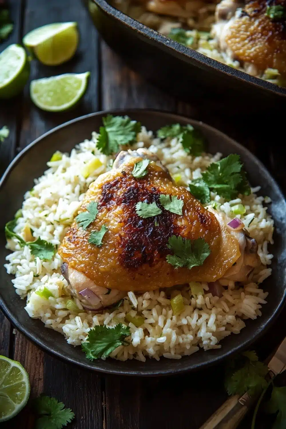 One pot cilantro lime chicken and rice - the image shows two black bowls filled with a dish of chicken and rice. the chicken is cooked to a golden brown color and appears to be seasoned with herbs and spices. the rice is white and fluffy, and it is garnished with fresh cilantro. there are several lime wedges scattered around the bowls, and a wooden spoon is resting on the side. in the background, there is another black skillet with more chicken in it. the overall aesthetic of the image is rustic and appetizing.