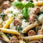 One pot creamy italian - the image is a close-up of a bowl of pasta dish. the pasta appears to be penne, which is a type of penne pasta, and it is cooked al dente. the dish is garnished with fresh basil leaves and grated parmesan cheese. there are also chunks of sausage scattered throughout the dish, which are golden brown and appear to be seasoned with herbs and spices. the bowl is made of dark brown ceramic and is sitting on a wooden table. the background is blurred, but it seems to be a kitchen countertop.
