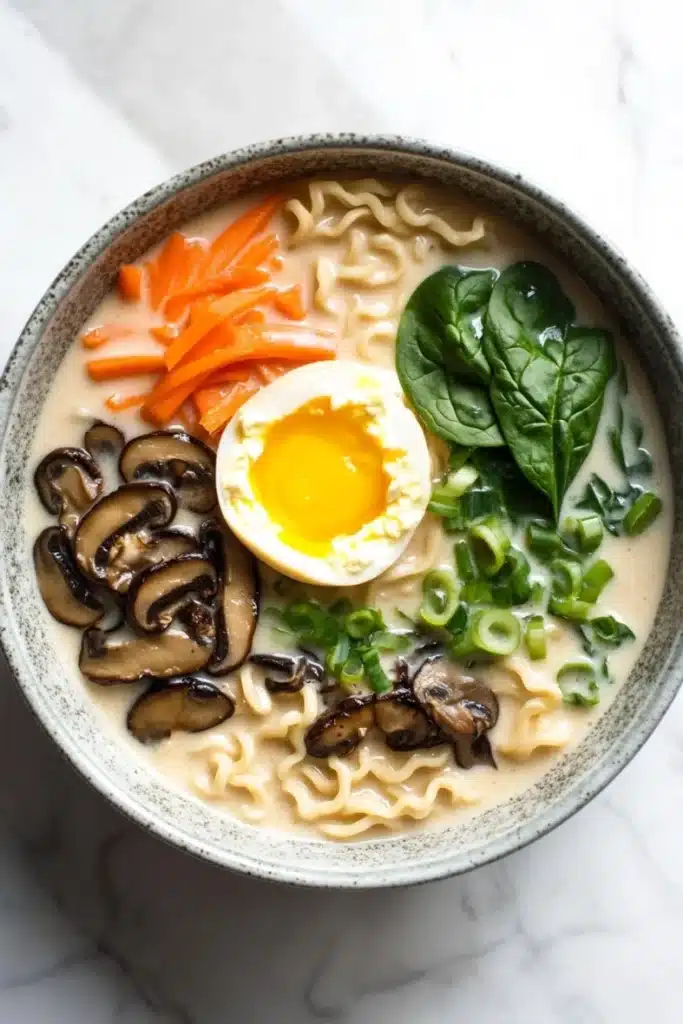 One pot creamy ramen - the image is a close-up of a bowl of ramen soup. the bowl is made of ceramic and is sitting on a white marble countertop. the ramen is a light beige color and appears to be thick and creamy. on top of the ramen, there is a hard-boiled egg with a runny yolk. next to the egg, there are sliced carrots, sliced mushrooms, and fresh green onions. the vegetables are arranged in a way that they are overlapping each other. the overall appearance of the dish is fresh and appetizing.
