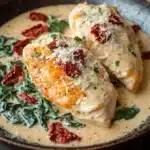 One pot creamy tuscan chicken - the image shows two pieces of chicken breasts in a creamy sauce. the chicken breasts are golden brown and appear to be seasoned with herbs and spices. the sauce is a light beige color and is drizzled over the top of the chicken breasts. there are also some red sun-dried tomatoes scattered throughout the dish. the dish is served in a black oval-shaped plate with a wooden table in the background. the overall presentation of the dish is elegant and appetizing.