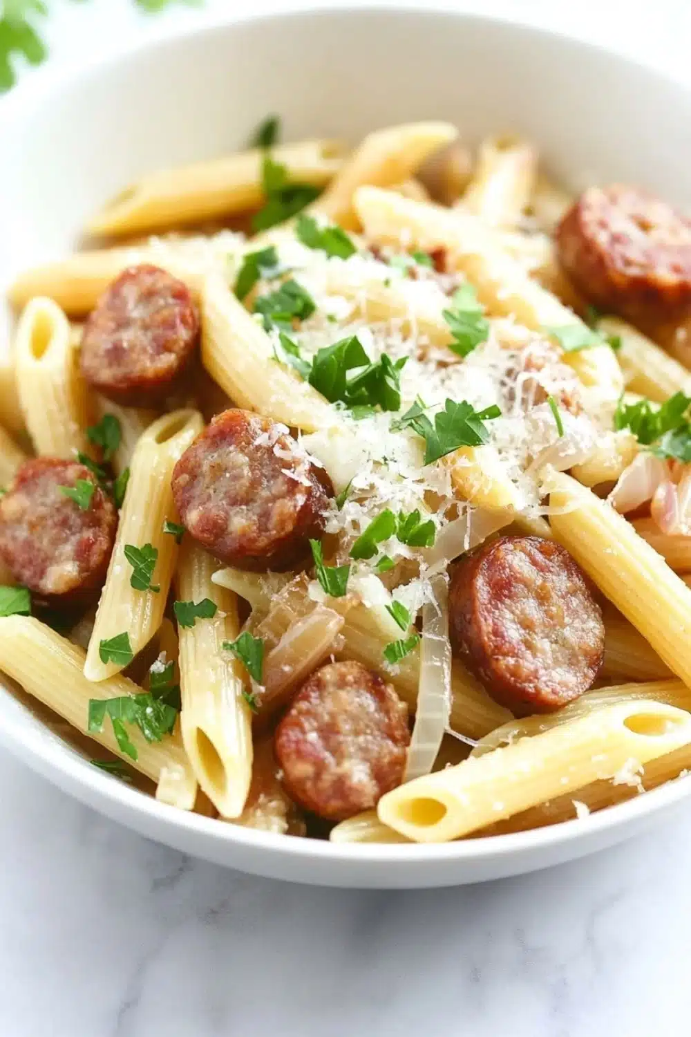 One pot garlic sausage pasta - the image is a close-up of a bowl of pasta dish. the pasta appears to be penne, which is a type of penne pasta, and it is cooked al dente. the dish is garnished with chopped parsley and grated parmesan cheese. there are also small chunks of sausage scattered throughout the dish, which are golden brown and appear to be seasoned with herbs and spices. the bowl is white and is sitting on a white marble countertop.