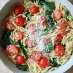 One pot pasta orzo - the image is a close-up of a bowl of pasta salad. the bowl is white with a blue rim and is sitting on a wooden table. the pasta is fusilli, which is a type of spiral-shaped pasta, and it is mixed with cherry tomatoes, spinach, and parmesan cheese. the tomatoes are bright red and appear to be ripe and juicy. the spinach is a vibrant green color and is scattered throughout the dish. the cheese is grated and is sprinkled on top of the pasta. the overall appearance of the dish is fresh and appetizing.