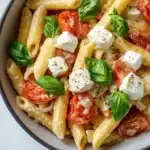 One pot pasta tomate mozzarella ofen - the image is a close-up of a bowl of pasta dish. the pasta appears to be penne, which is a type of penne pasta. it is cooked al dente and is topped with sliced tomatoes, mozzarella cheese, and fresh basil leaves. the tomatoes are bright red and appear to be seasoned with herbs and spices. the dish is served in a black bowl with a white rim. the bowl is sitting on a white marble countertop.