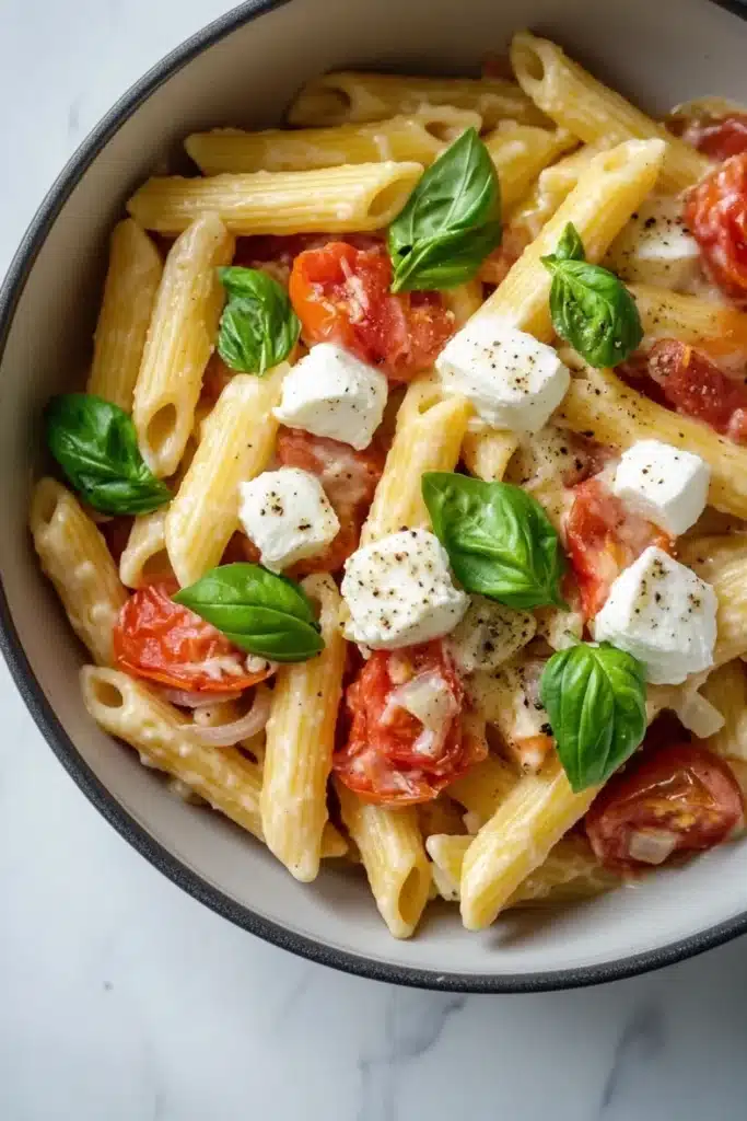 One pot pasta tomate mozzarella ofen - the image is a close-up of a bowl of pasta dish. the pasta appears to be penne, which is a type of penne pasta. it is cooked al dente and is topped with sliced tomatoes, mozzarella cheese, and fresh basil leaves. the tomatoes are bright red and appear to be seasoned with herbs and spices. the dish is served in a black bowl with a white rim. the bowl is sitting on a white marble countertop.