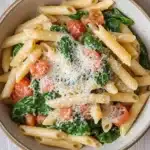 One pot pasta with spinach - the image is a close-up of a bowl of pasta dish. the pasta appears to be penne or penne, and it is cooked al dente. the dish is garnished with fresh spinach leaves, cherry tomatoes, and grated parmesan cheese. the bowl is made of ceramic and is sitting on a wooden table. the colors of the dish are warm and inviting, with the green of the spinach and the red of the tomatoes contrasting against the white of the bowl.