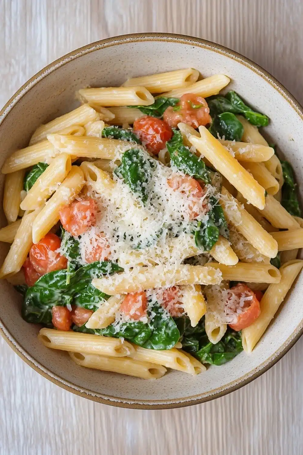 One pot pasta with spinach - the image is a close-up of a bowl of pasta dish. the pasta appears to be penne or penne, and it is cooked al dente. the dish is garnished with fresh spinach leaves, cherry tomatoes, and grated parmesan cheese. the bowl is made of ceramic and is sitting on a wooden table. the colors of the dish are warm and inviting, with the green of the spinach and the red of the tomatoes contrasting against the white of the bowl.