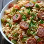 One pot rice with sausage - the image is a close-up of a dish in a white bowl. the dish appears to be a type of rice or jambalaya, with chunks of sausage and vegetables mixed in. the sausage is cut into small cubes and is arranged in a circular pattern on top of the rice. the vegetables include bell peppers, onions, and bell peppers. there are also some chopped parsley scattered throughout the dish, adding a pop of green color to the dish. the bowl is sitting on a wooden table, and there is a sprig of parsley on the side.